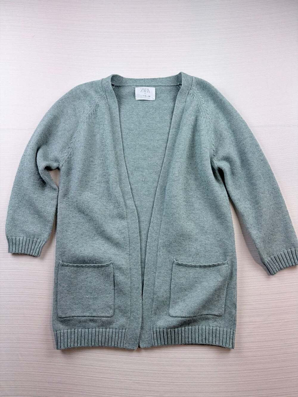 Zara Open Front Knit Cardigan Size 11-12 Green Longline Sweater
